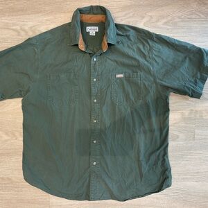 Carhartt Olive Green Button-Up Work Shirt with Tan Collar Trim